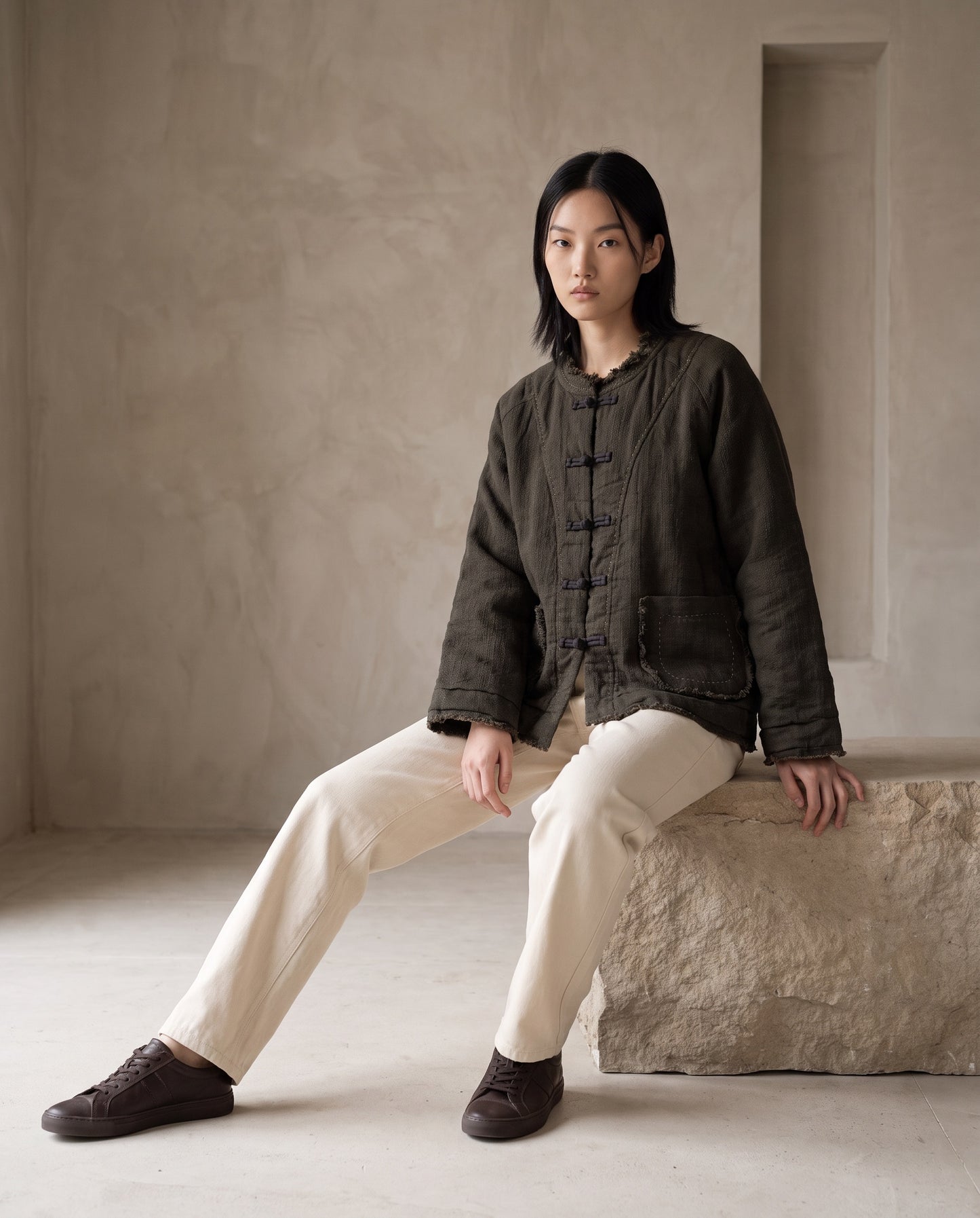 Grey-Green Raw-Edge Linen Frog Jacket