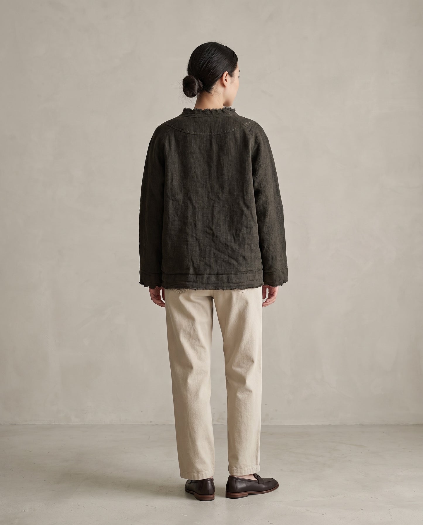 Grey-Green Raw-Edge Linen Frog Jacket