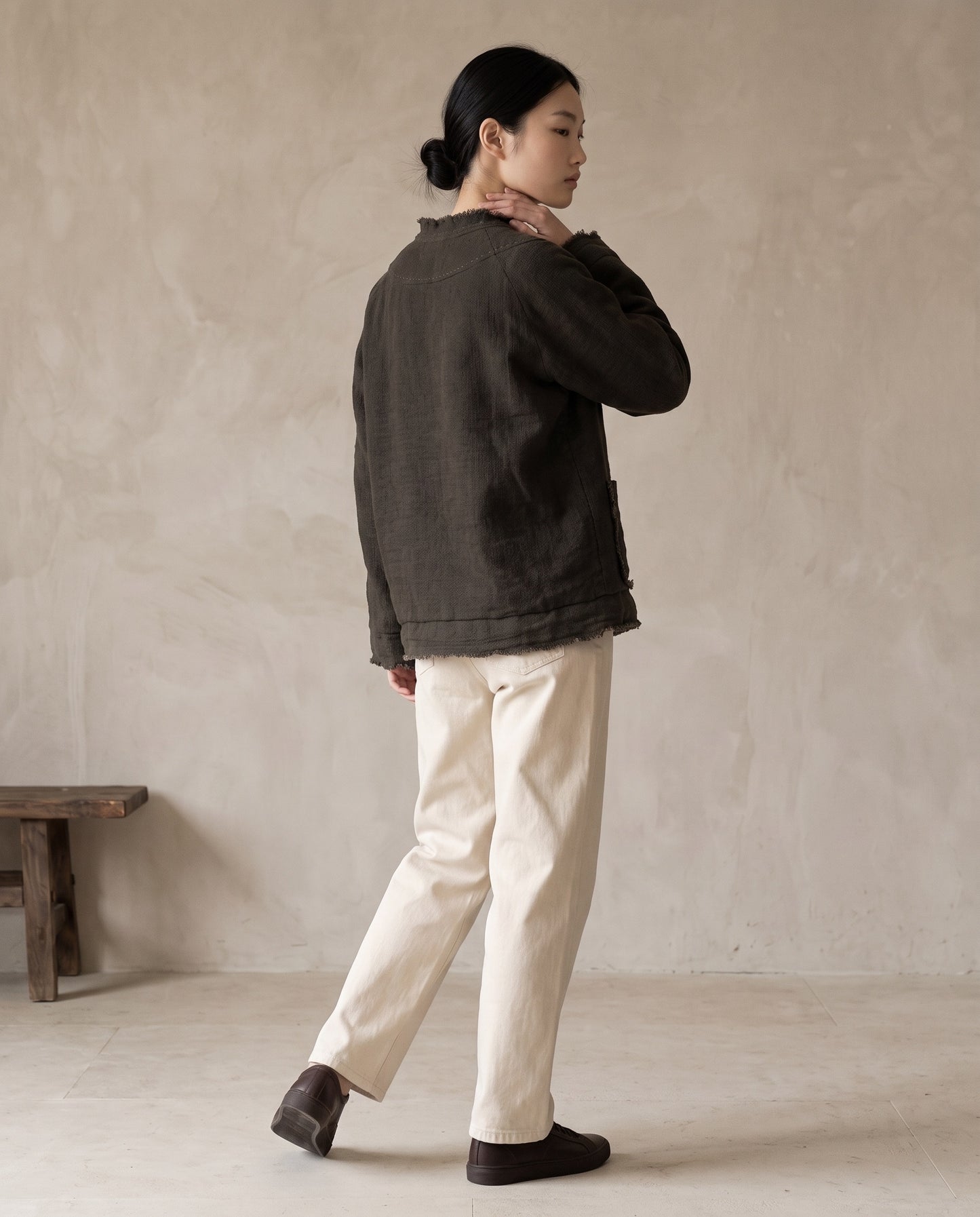 Grey-Green Raw-Edge Linen Frog Jacket
