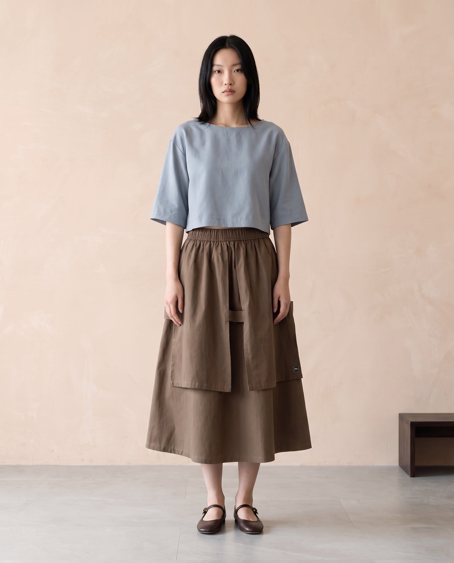Coffee Brown Layered Cotton Midi Skirt