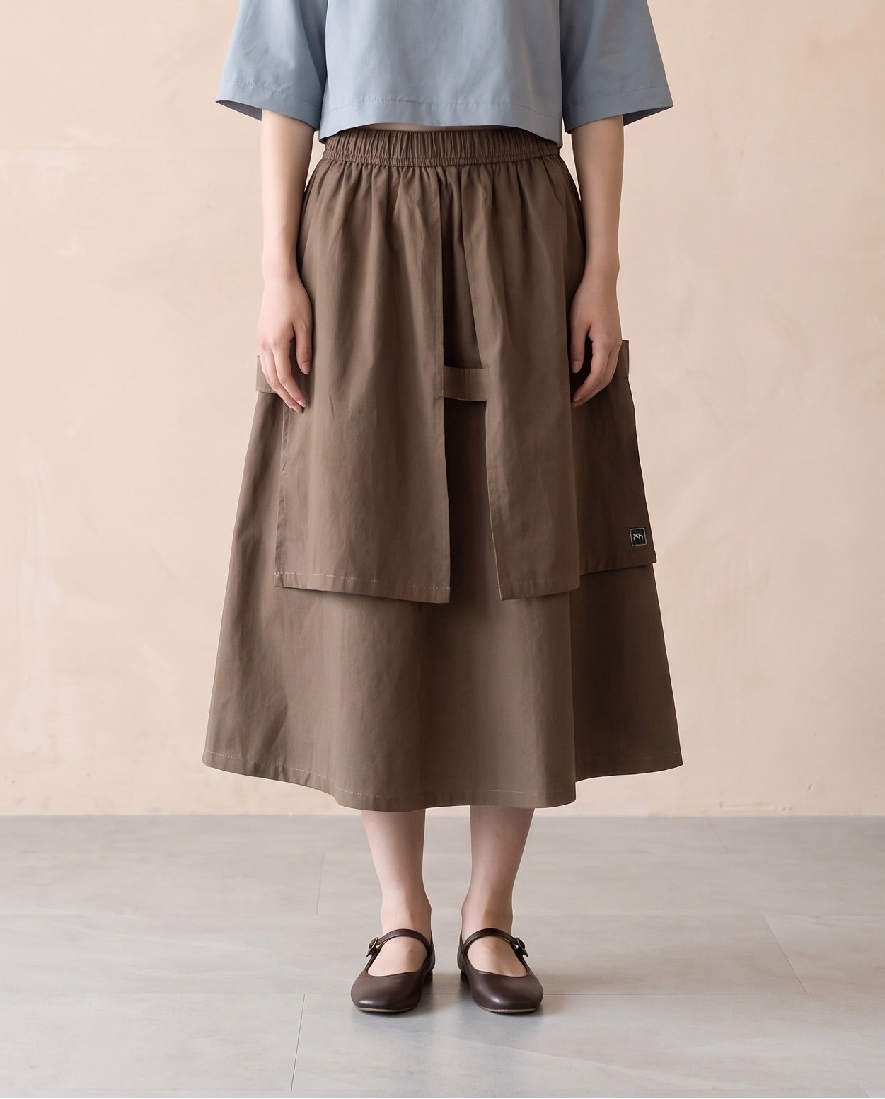 Coffee Brown Layered Cotton Midi Skirt