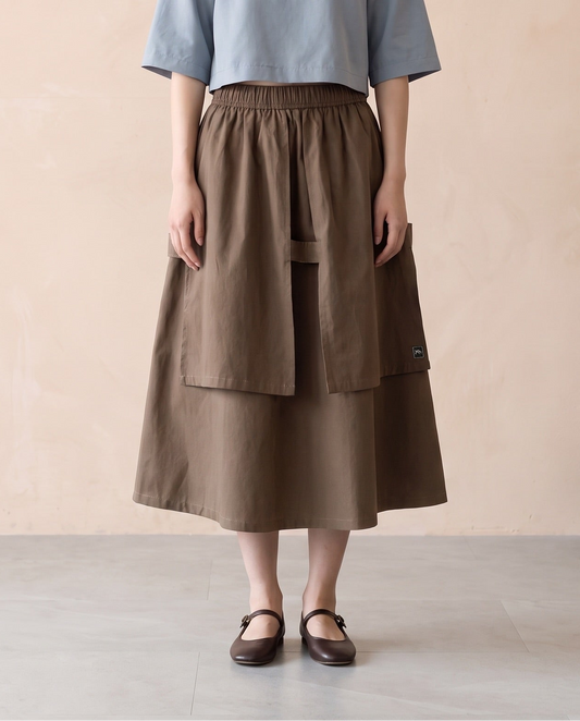 Coffee Brown Layered Cotton Midi Skirt