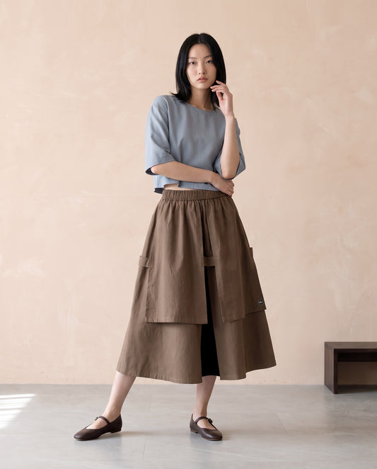 Coffee Brown Layered Cotton Midi Skirt