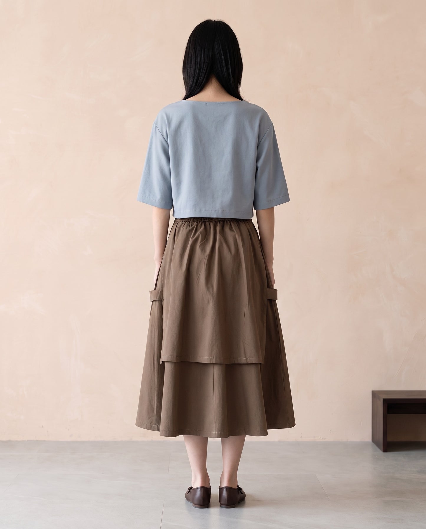 Coffee Brown Layered Cotton Midi Skirt
