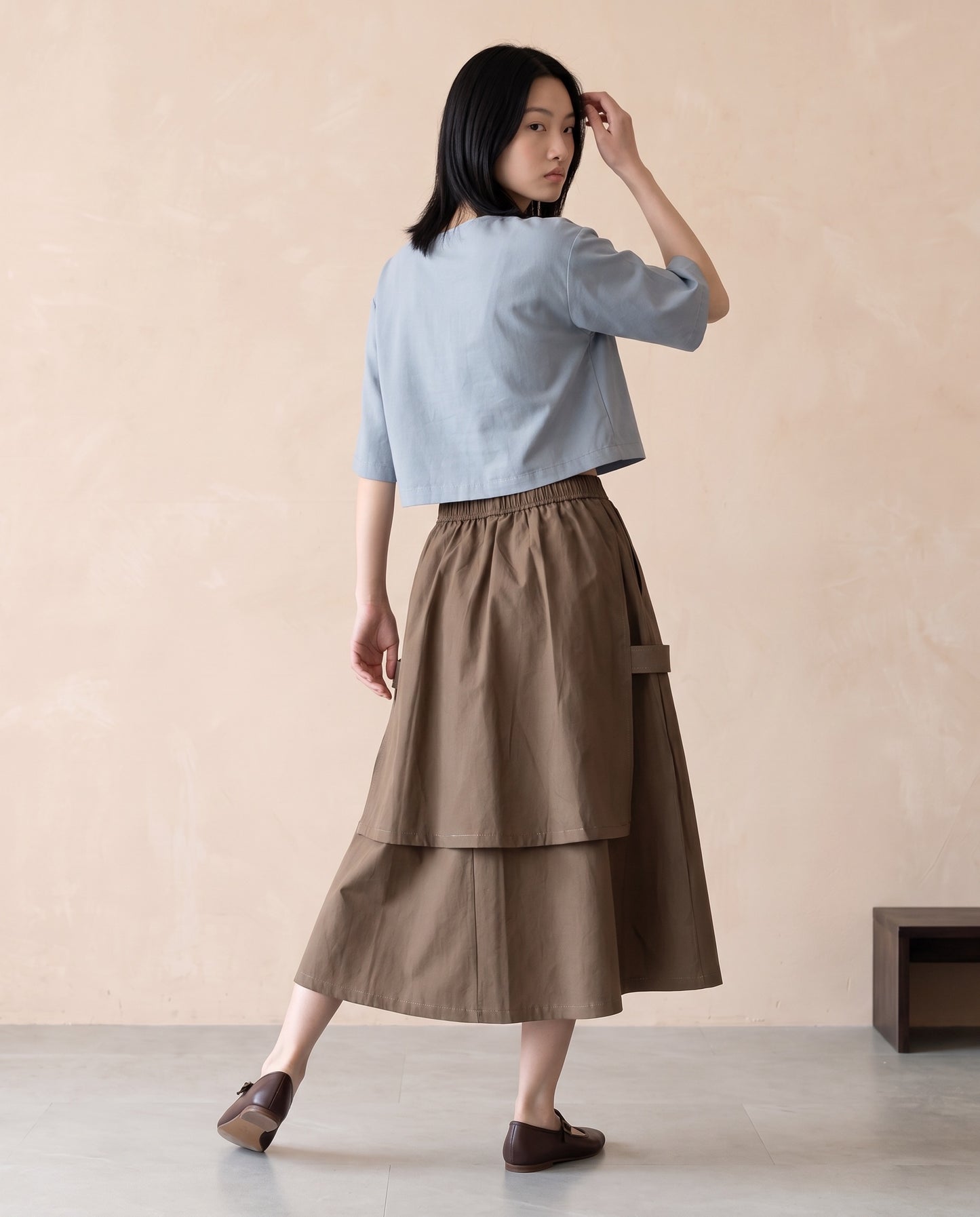 Coffee Brown Layered Cotton Midi Skirt