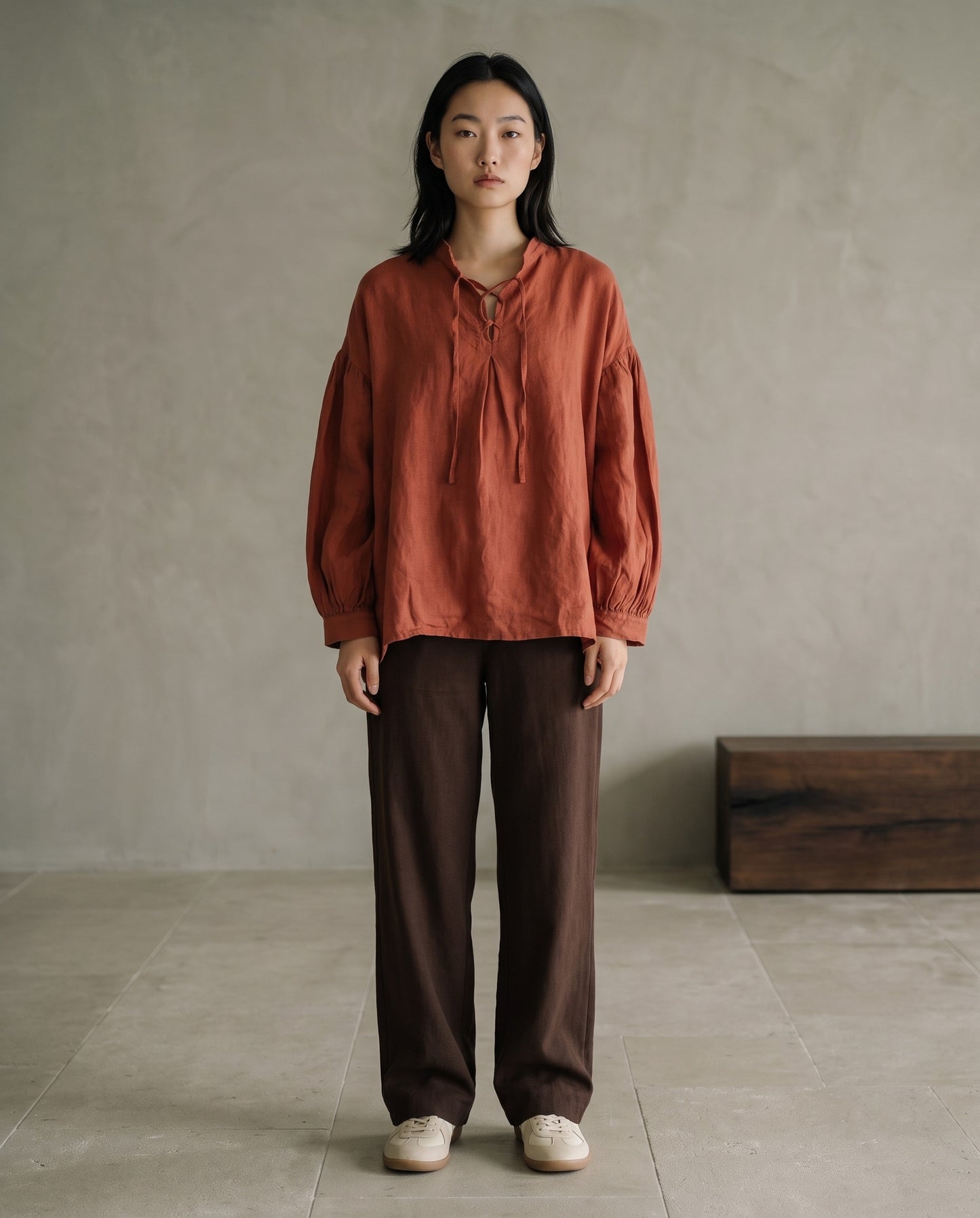 Cinnabar Tie-Neck Linen Blouse