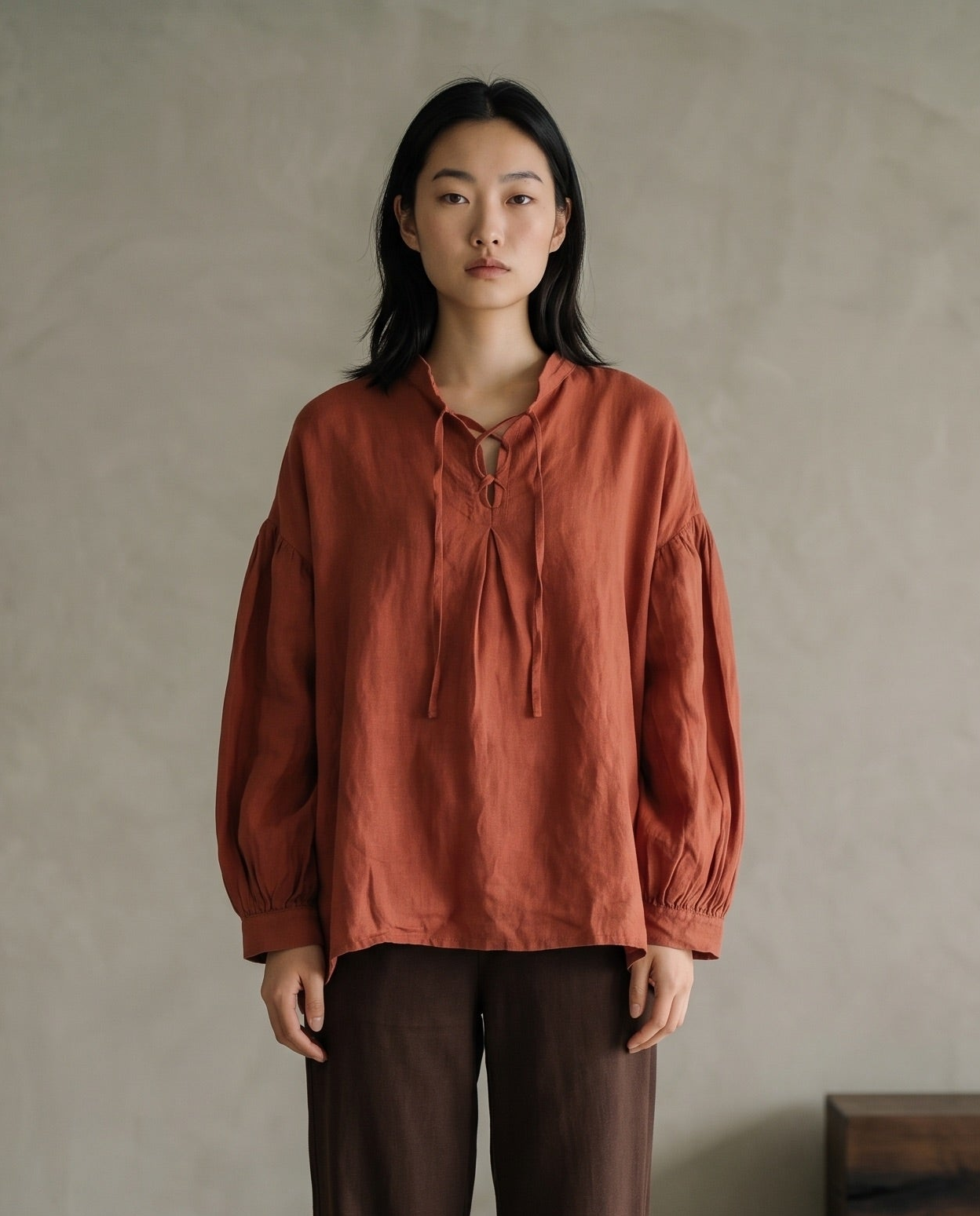 Cinnabar Tie-Neck Linen Blouse