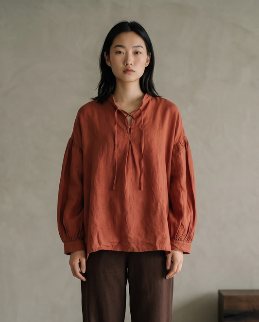 Cinnabar Tie-Neck Linen Blouse