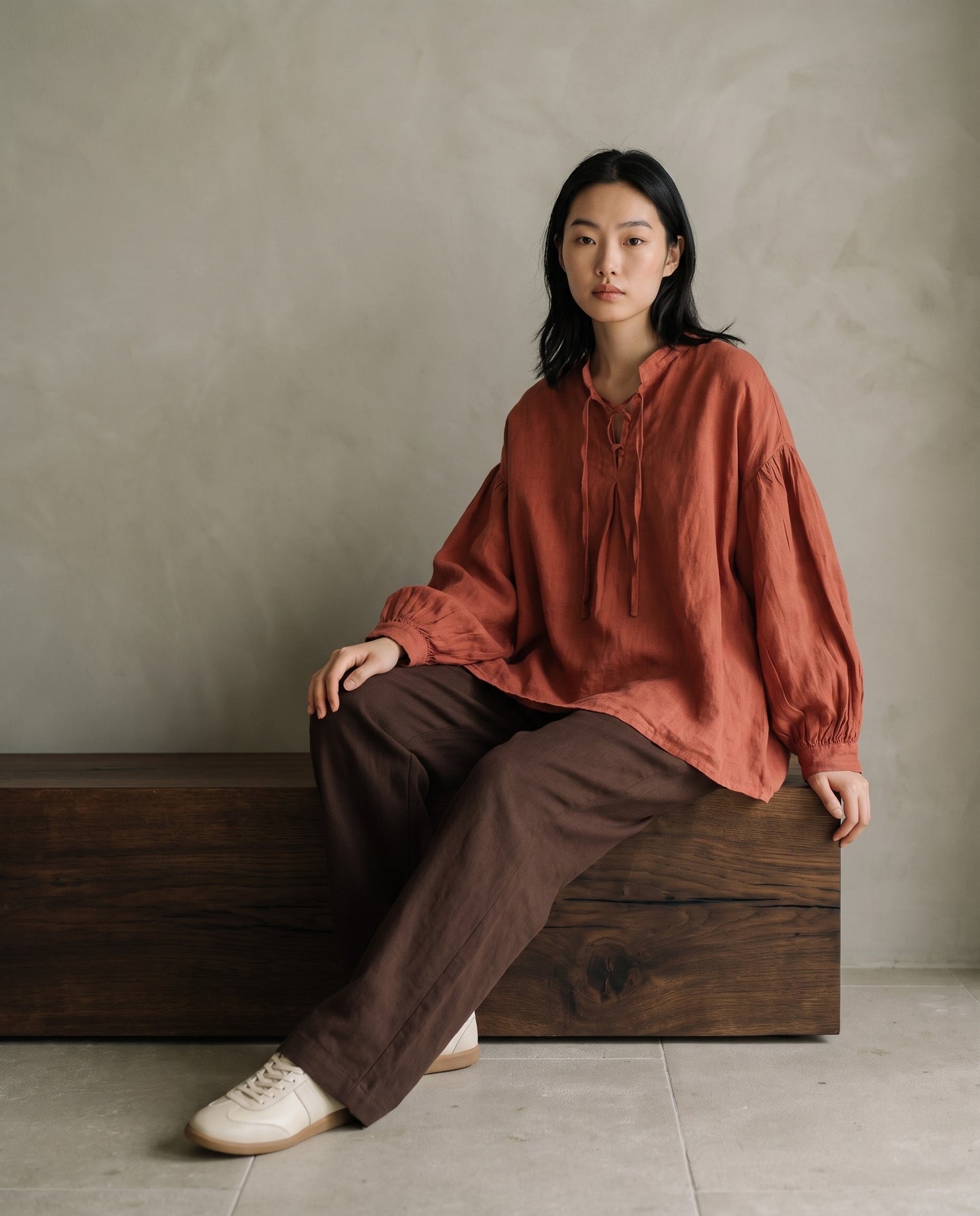 Cinnabar Tie-Neck Linen Blouse