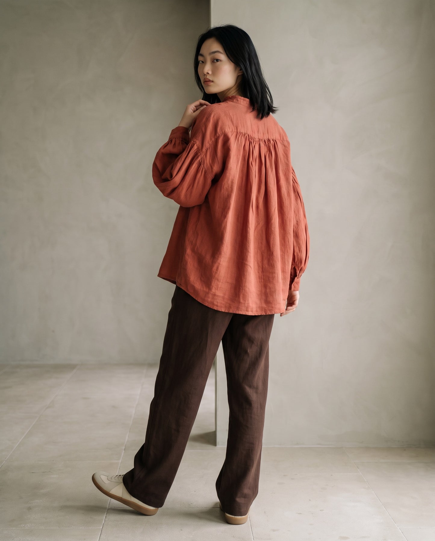 Cinnabar Tie-Neck Linen Blouse