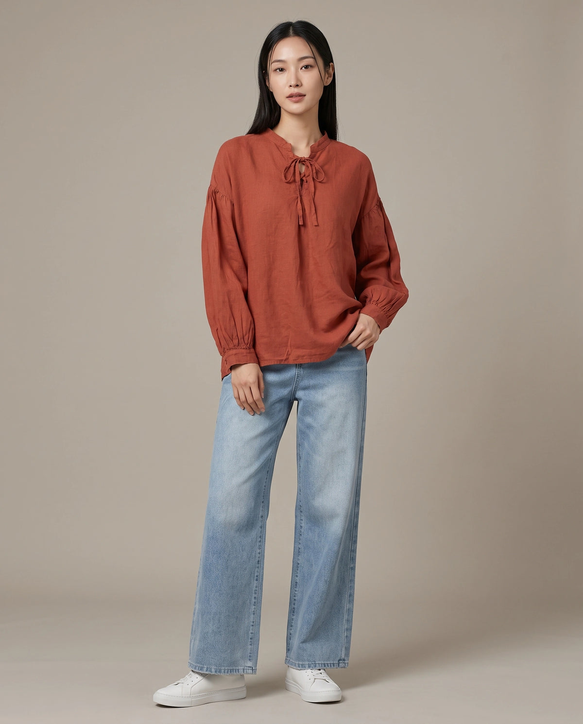 Cinnabar Tie-Neck Linen Blouse