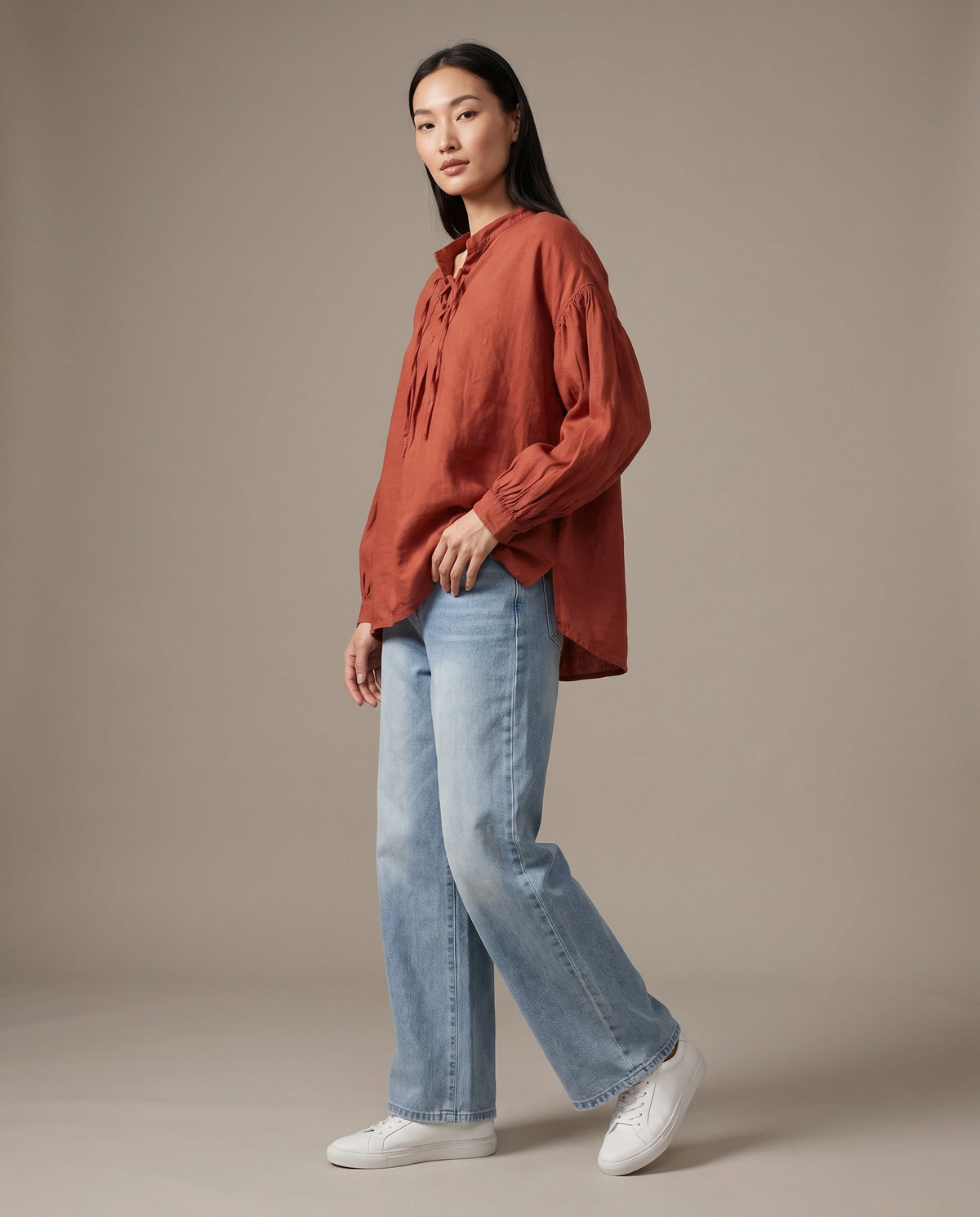 Cinnabar Tie-Neck Linen Blouse