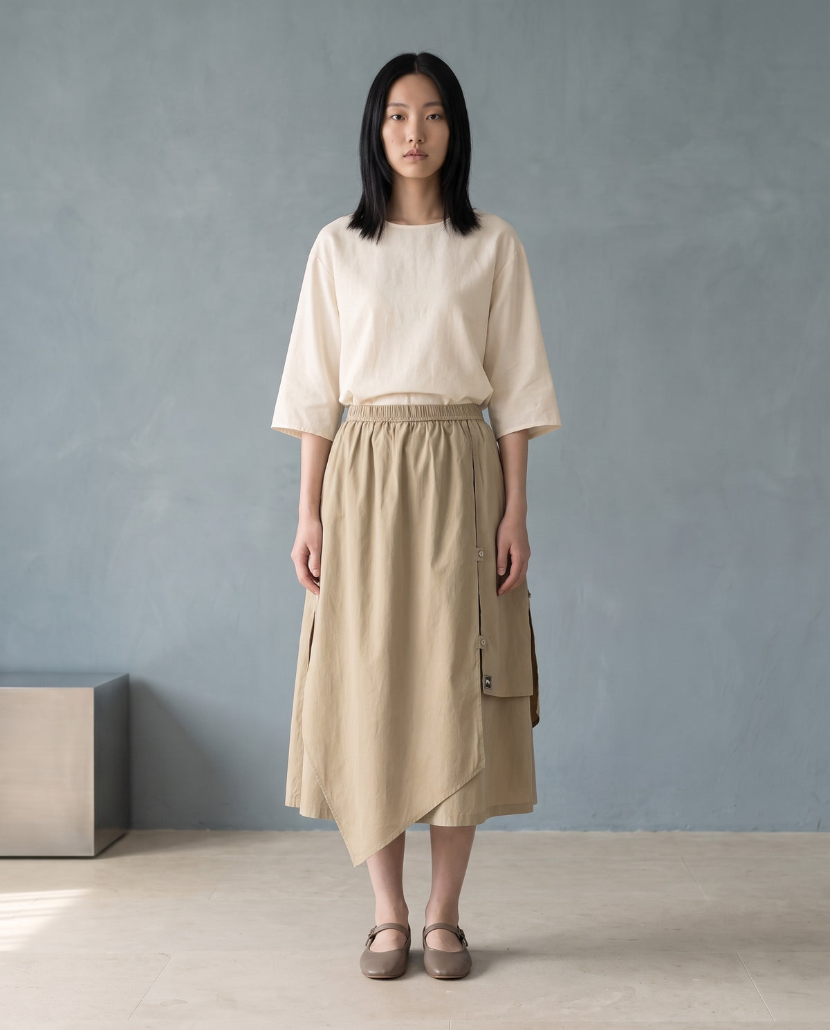 Sand Asymmetric Layered Cotton Skirt