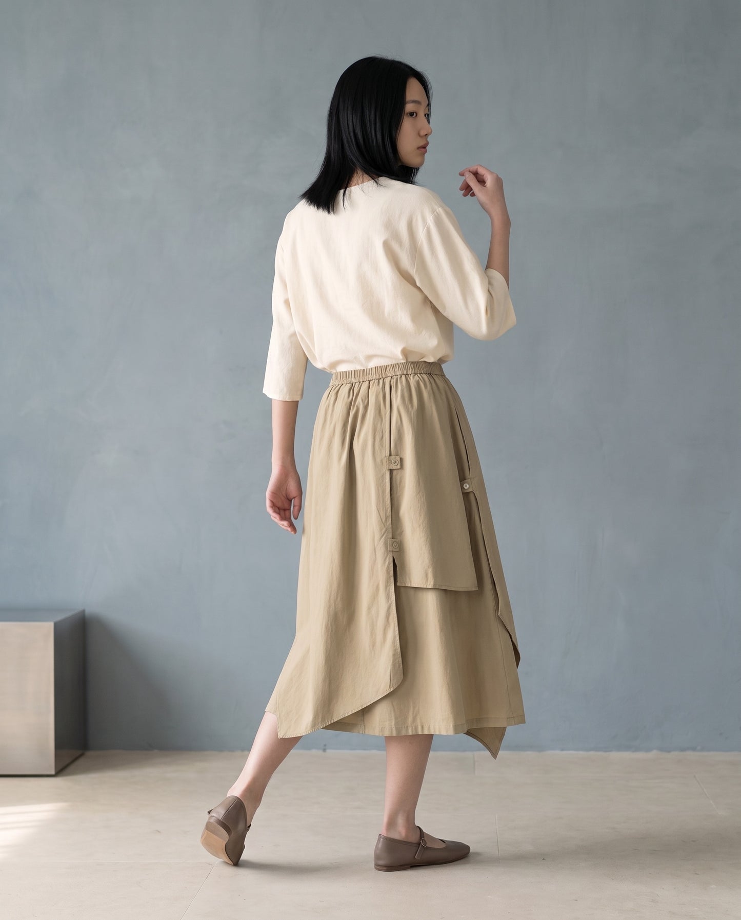 Sand Asymmetric Layered Cotton Skirt