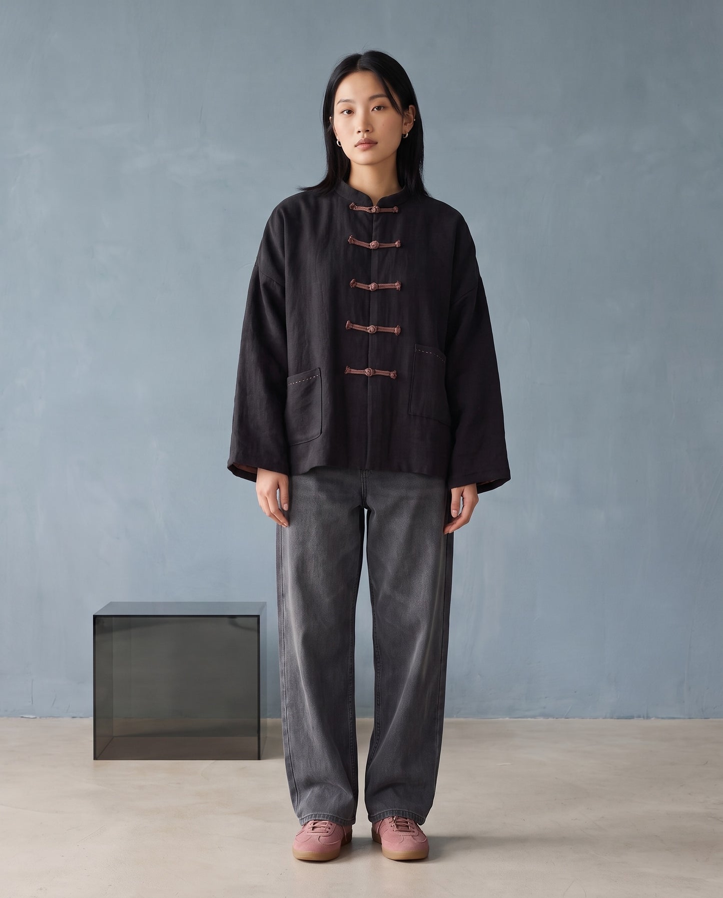 Black Linen Frog-Closure Jacket