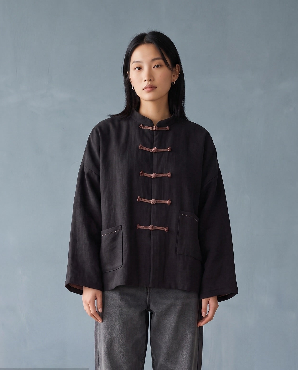 Black Linen Frog-Closure Jacket