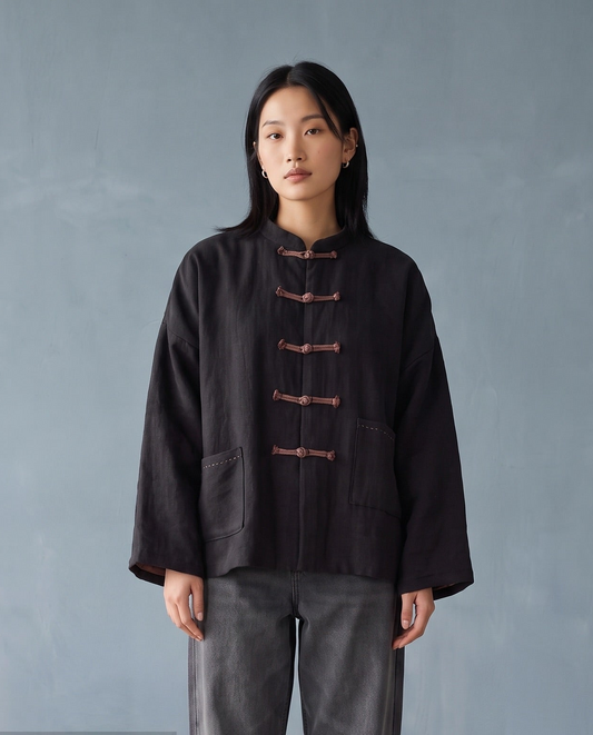 Black Linen Frog-Closure Jacket