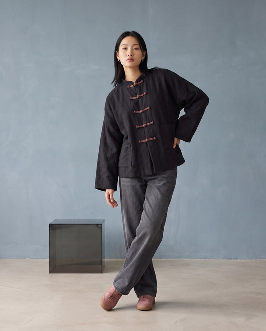 Black Linen Frog-Closure Jacket