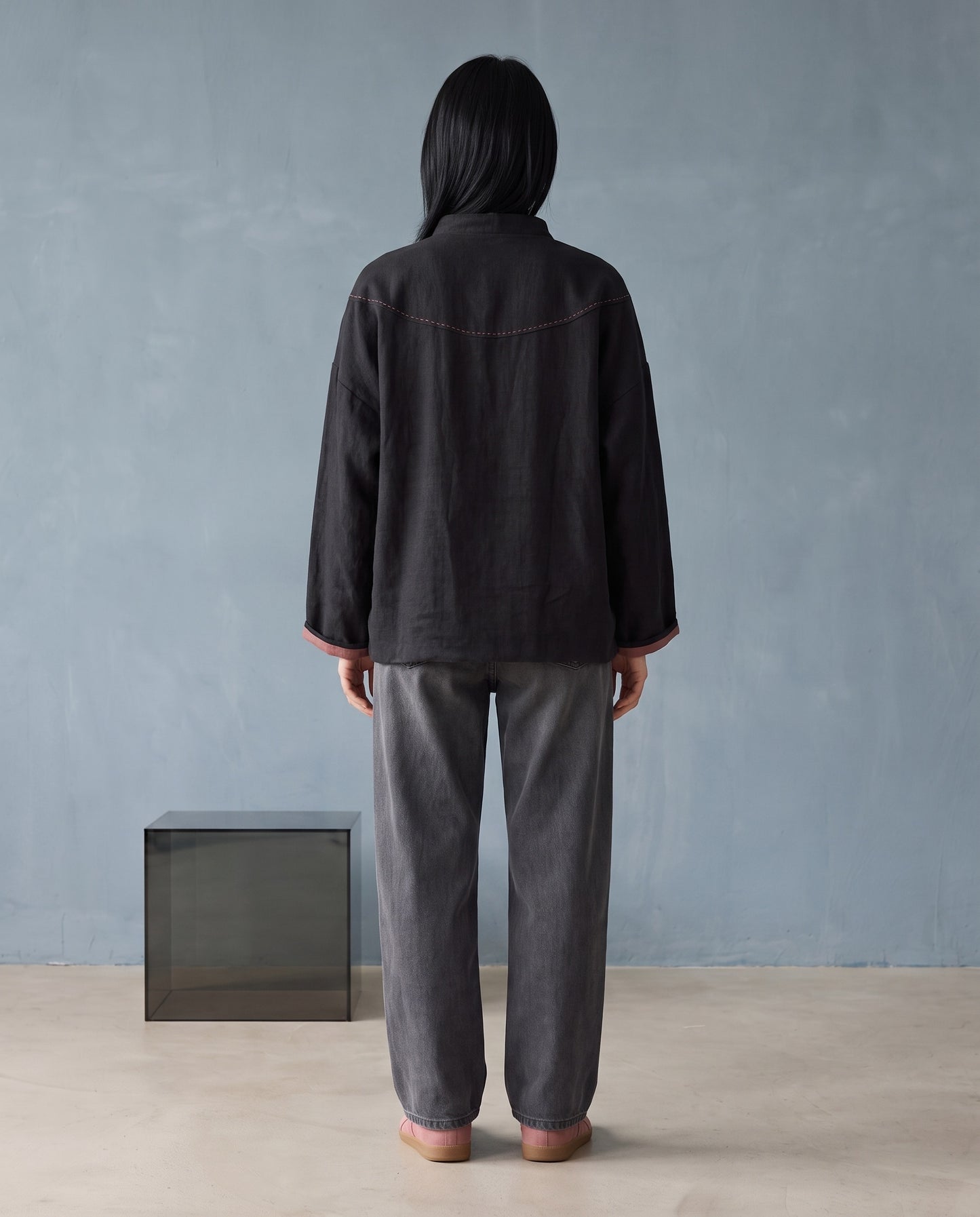 Black Linen Frog-Closure Jacket