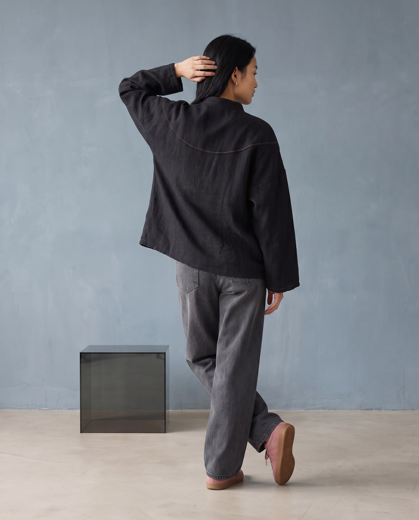 Black Linen Frog-Closure Jacket