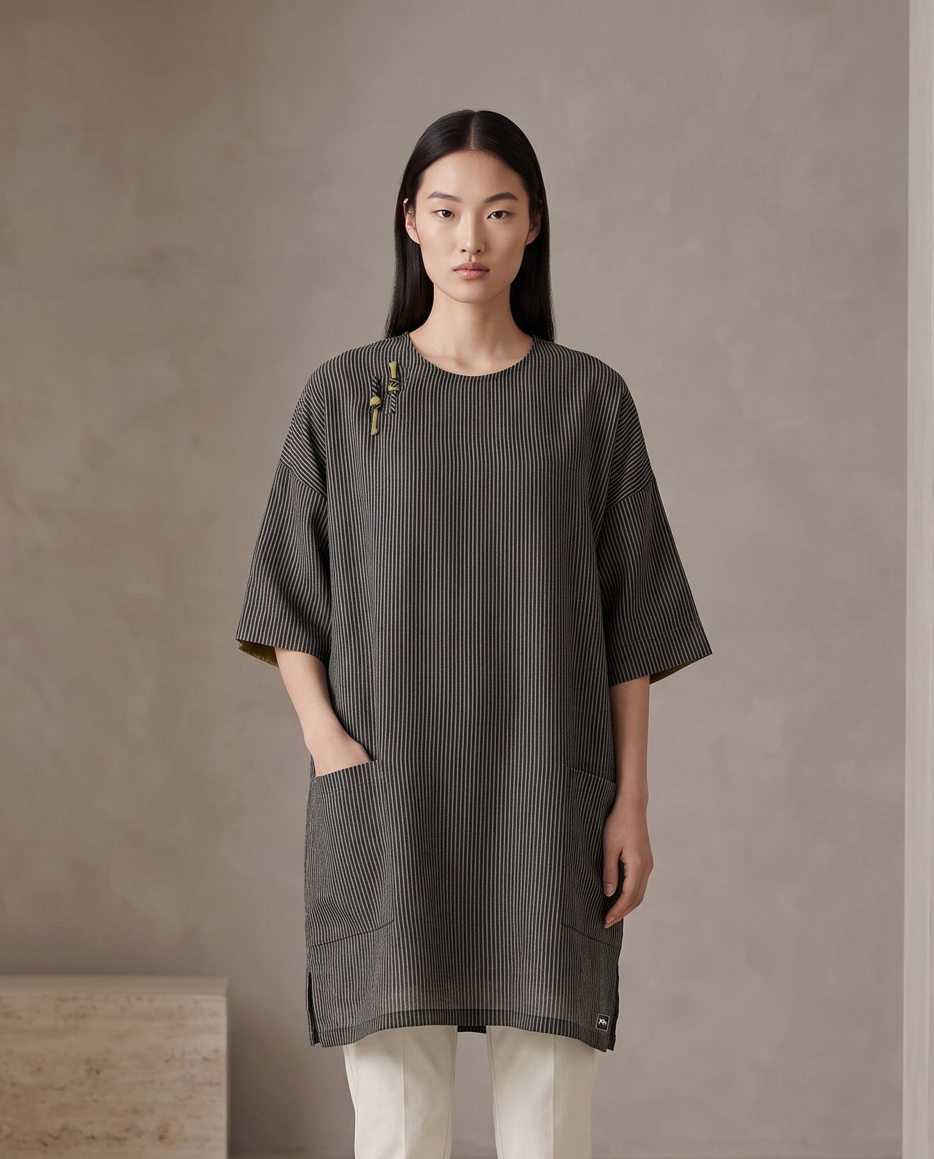 Black Pinstripe Frog-Detail Tunic Top