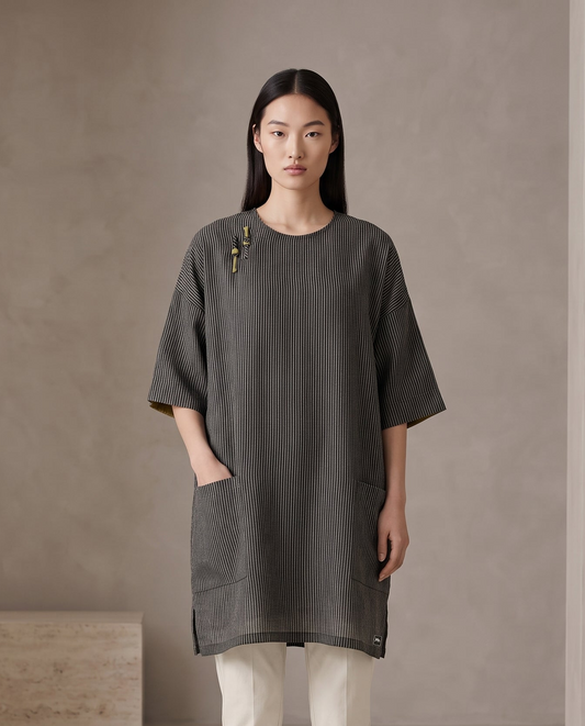 Black Pinstripe Frog-Detail Tunic Top