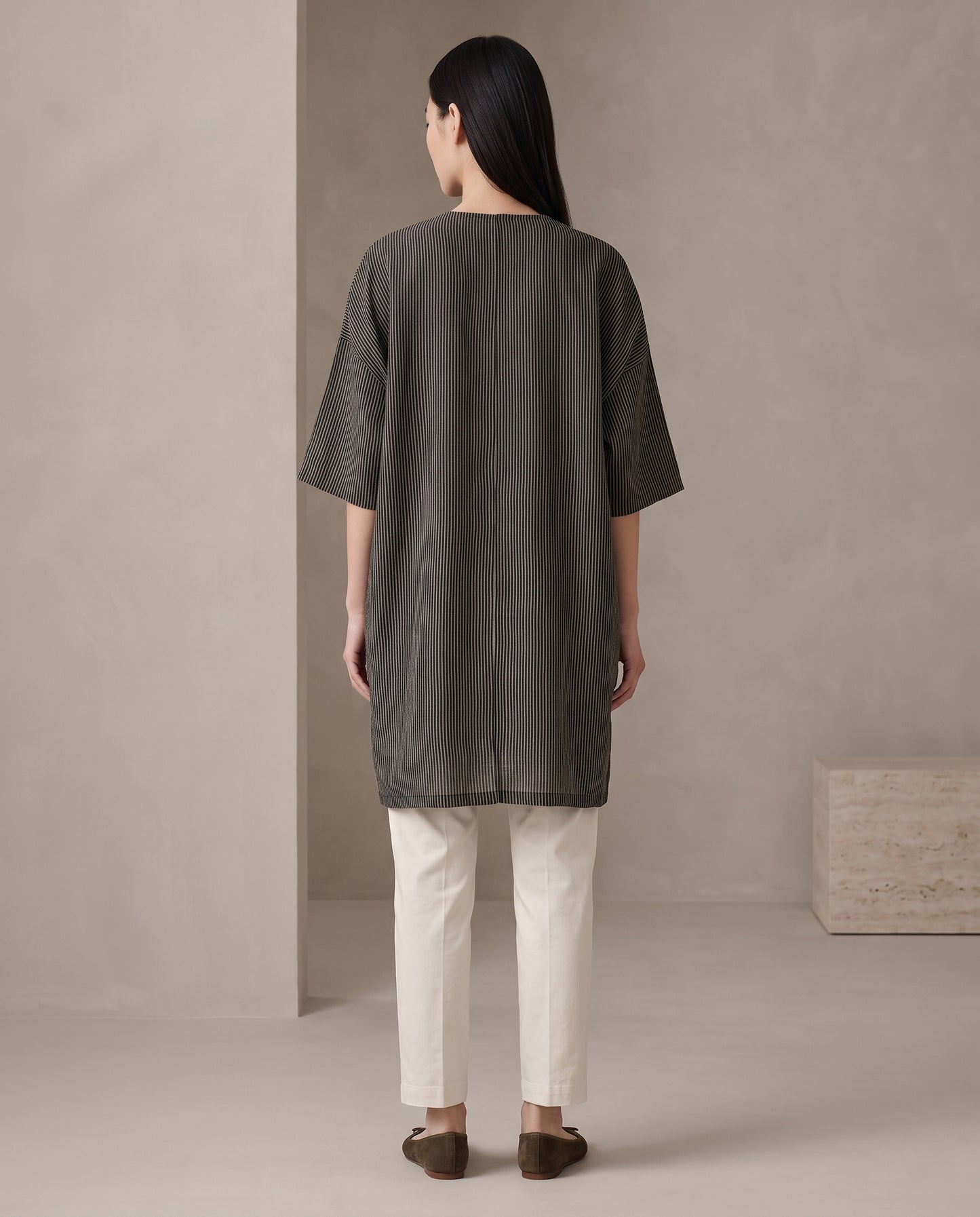 Black Pinstripe Frog-Detail Tunic Top
