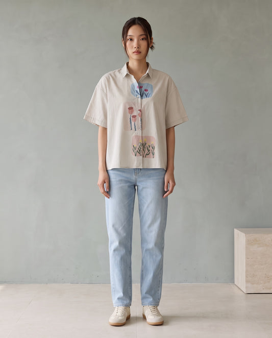 Botanical Art Striped Short-Sleeve Shirt