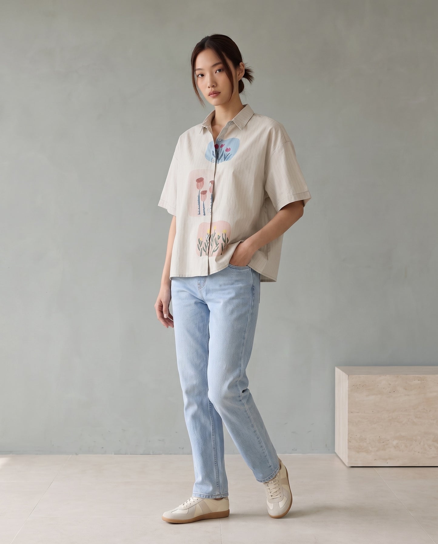 Botanical Art Striped Short-Sleeve Shirt