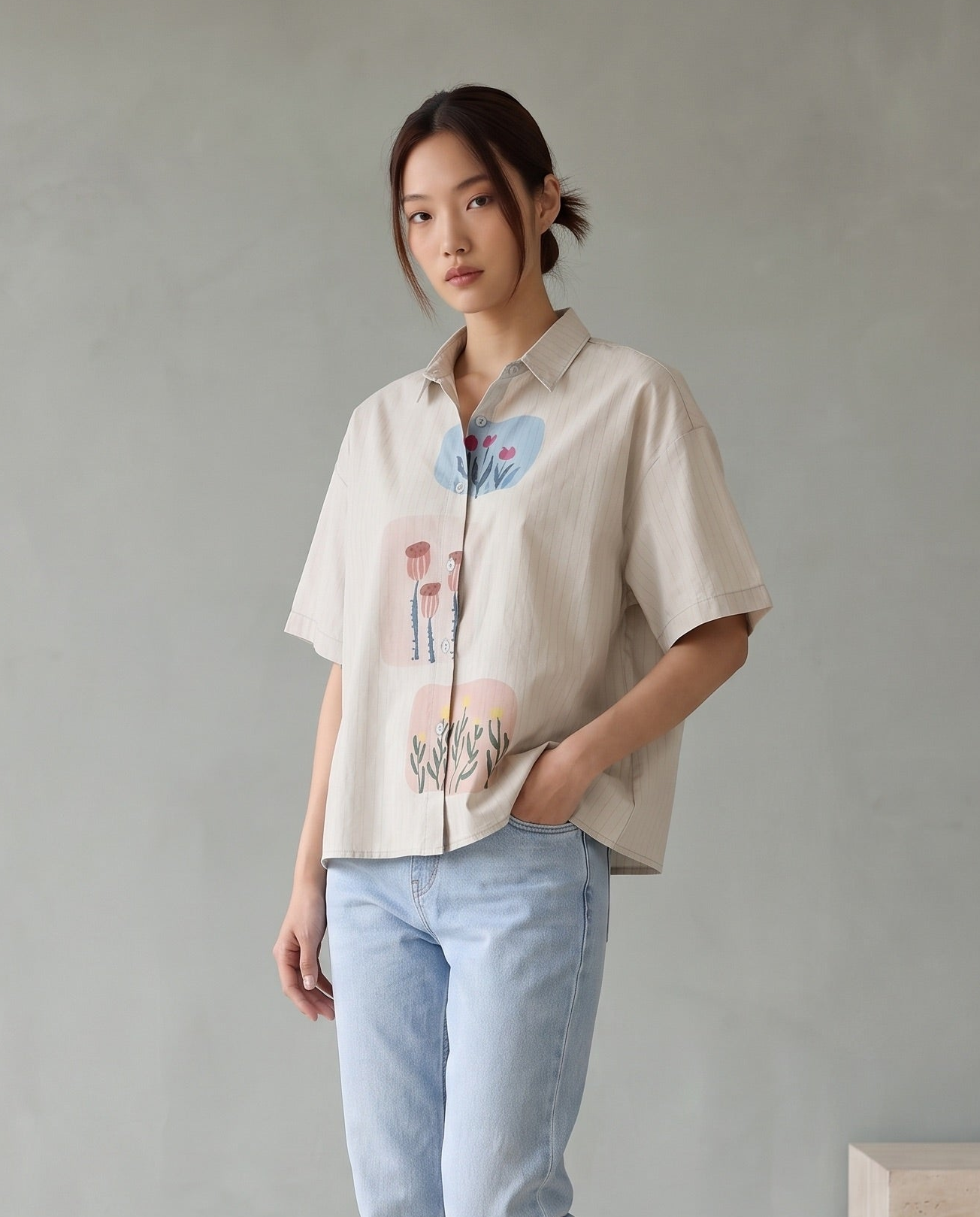 Botanical Art Striped Short-Sleeve Shirt