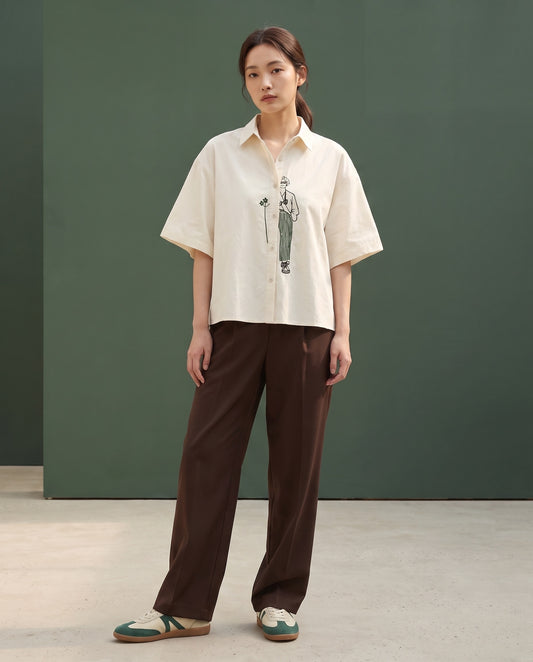 Embroidered Line-Art Short-Sleeve Shirt