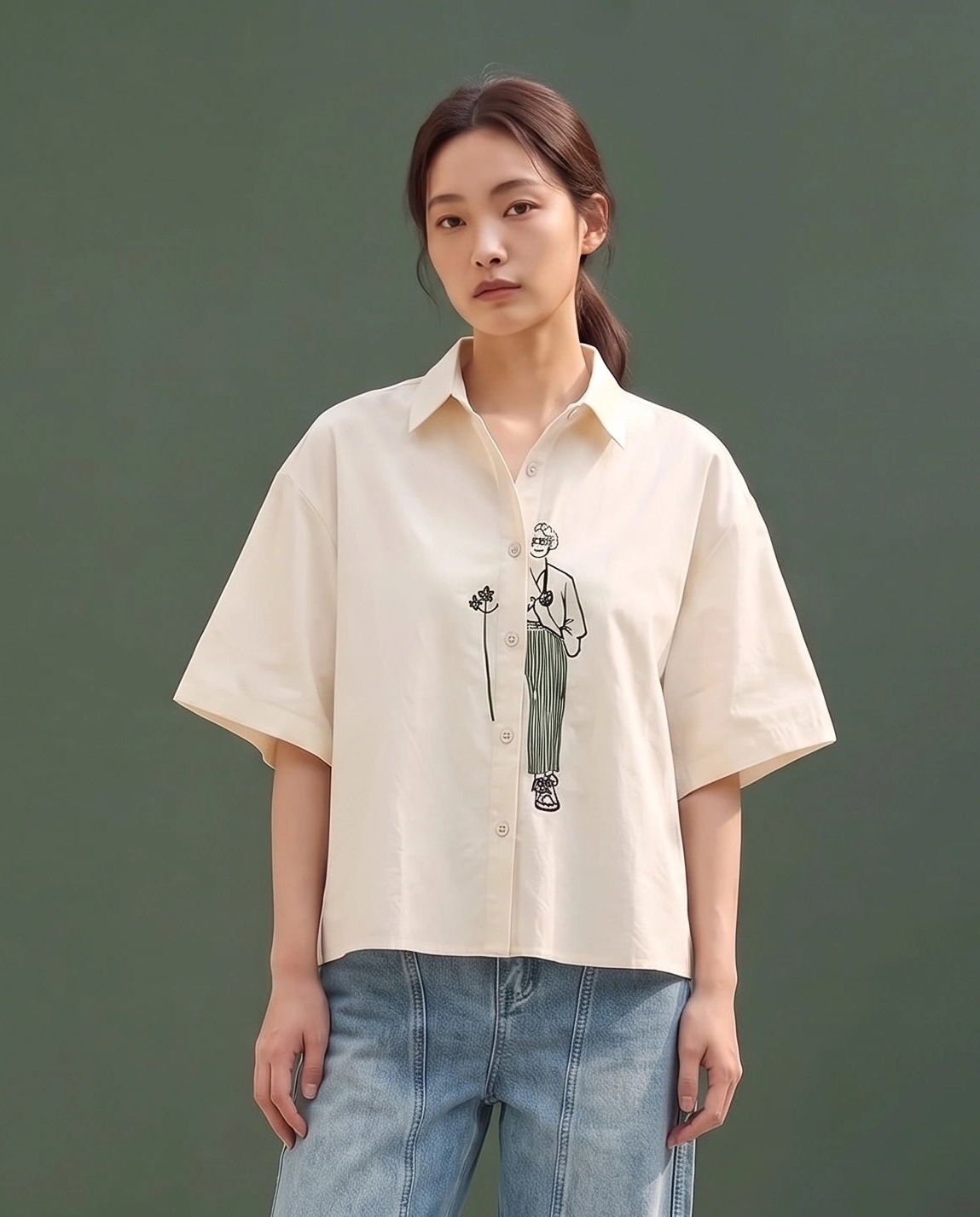 Embroidered Line-Art Short-Sleeve Shirt