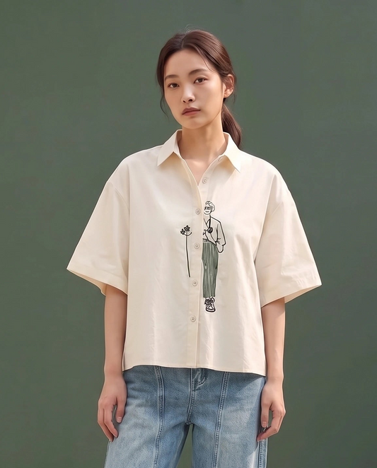 Embroidered Line-Art Short-Sleeve Shirt