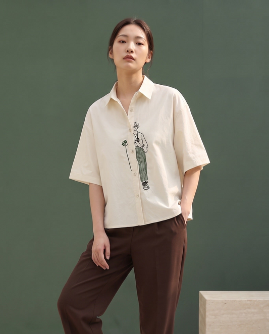 Embroidered Line-Art Short-Sleeve Shirt