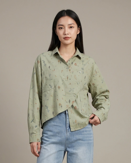 Whimsical Botanical Print Asymmetrical Shirt