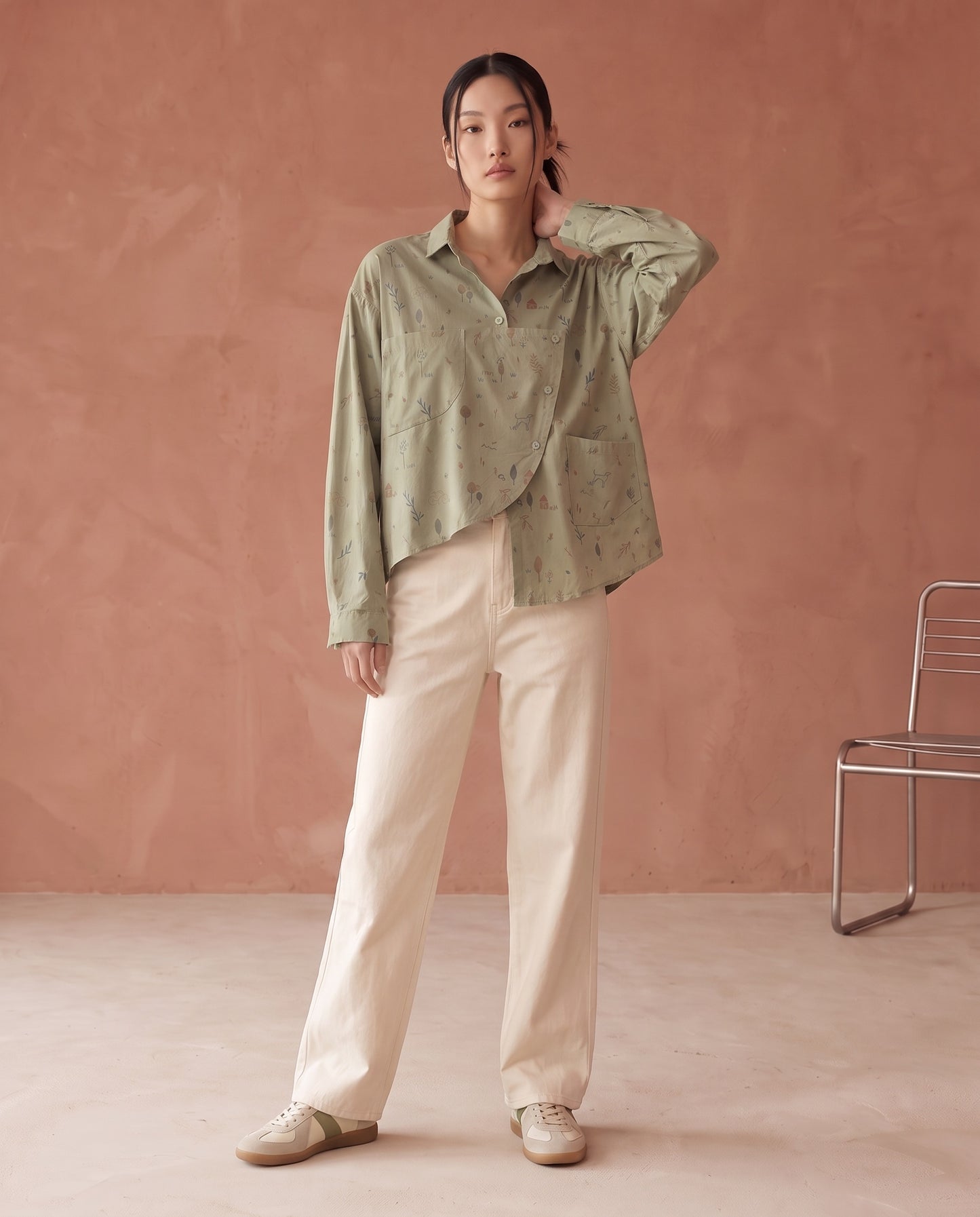Whimsical Botanical Print Asymmetrical Shirt