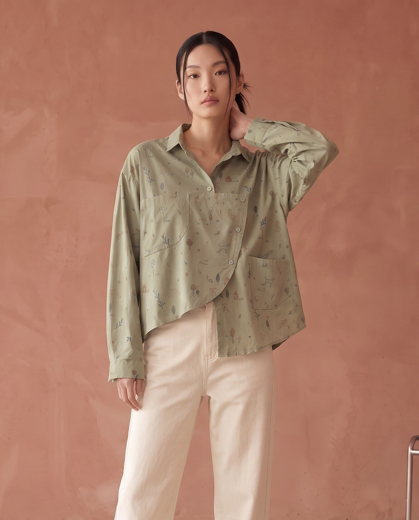 Whimsical Botanical Print Asymmetrical Shirt