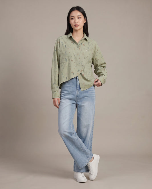 Whimsical Botanical Print Asymmetrical Shirt