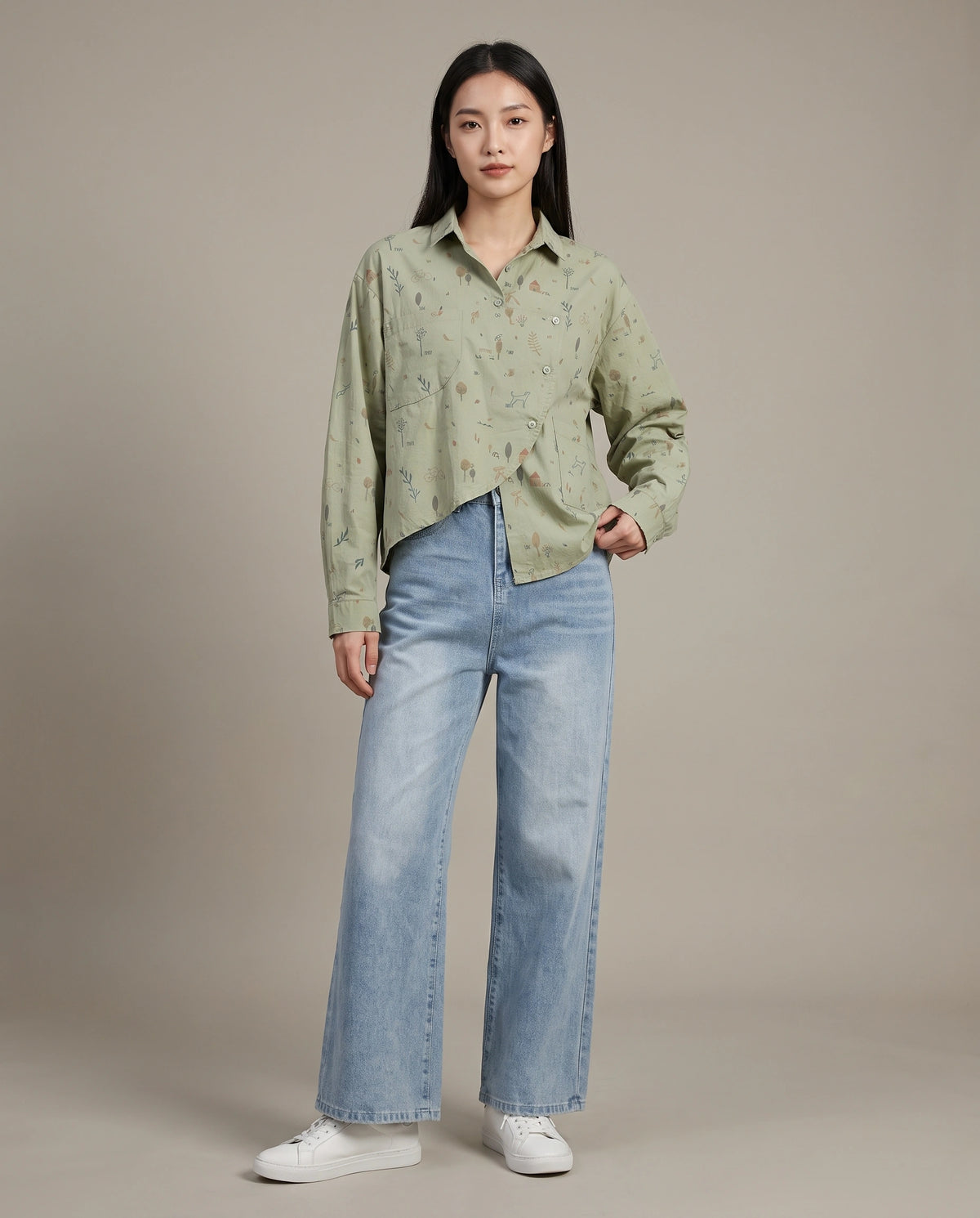 Whimsical Botanical Print Asymmetrical Shirt