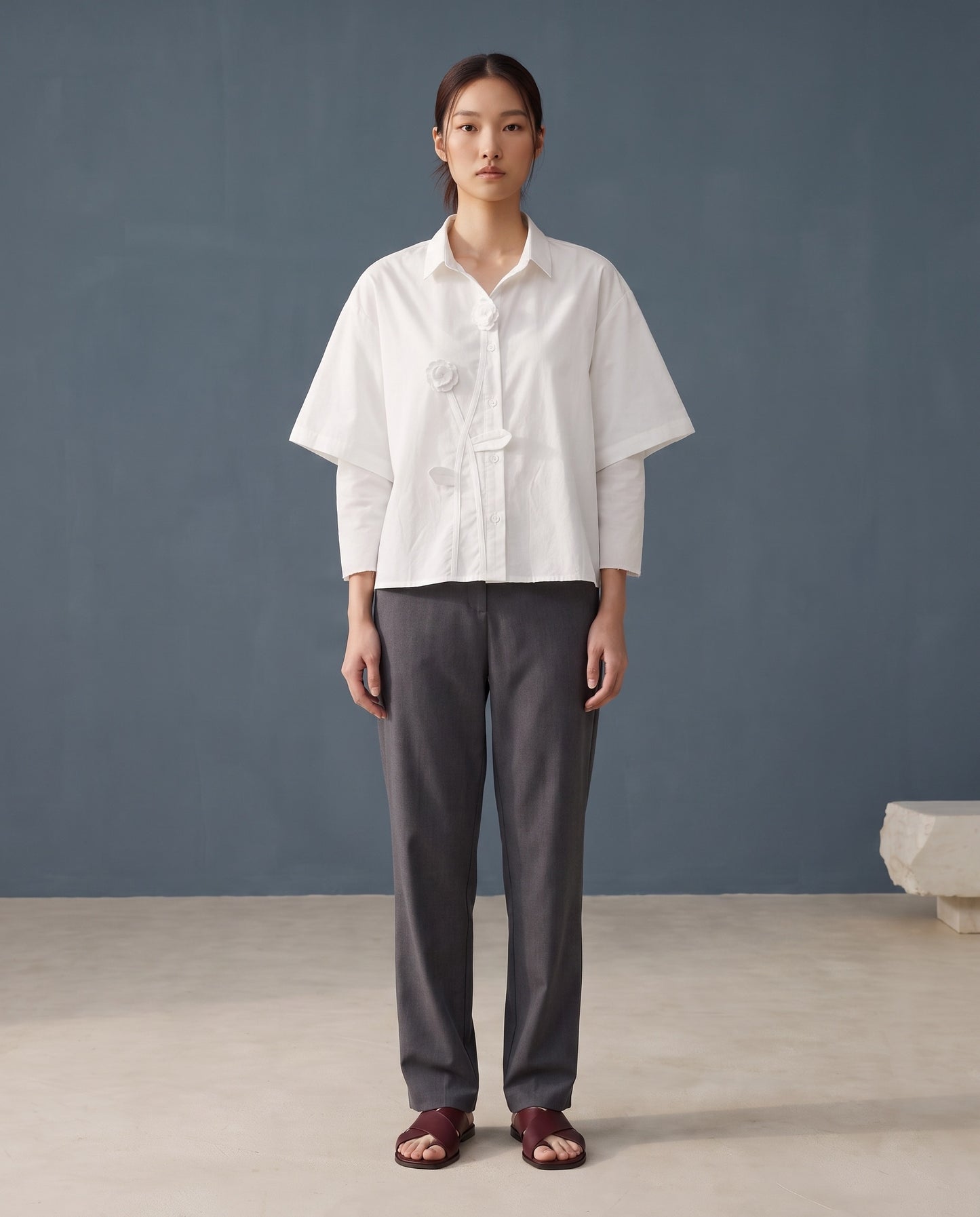 White Rosette Appliqué Boxy Shirt