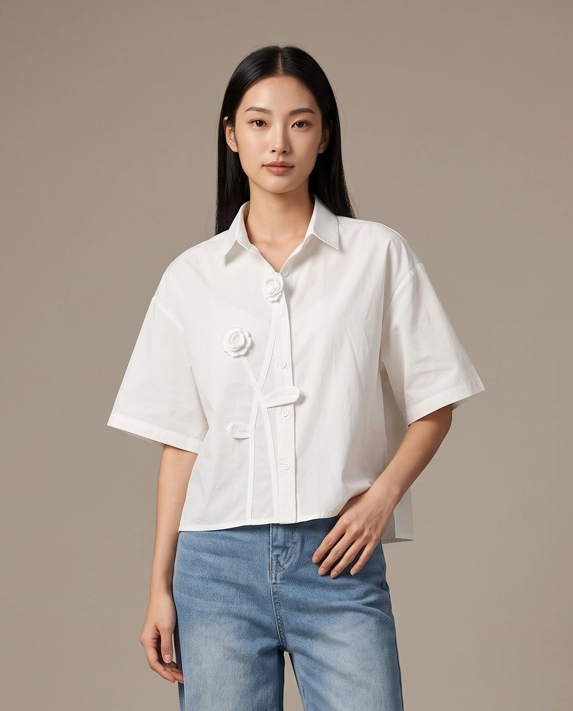 White Rosette Appliqué Boxy Shirt