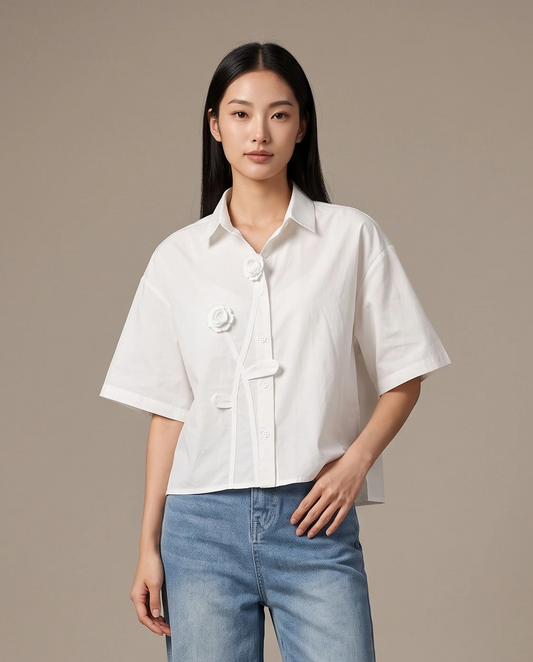 White Rosette Appliqué Boxy Shirt