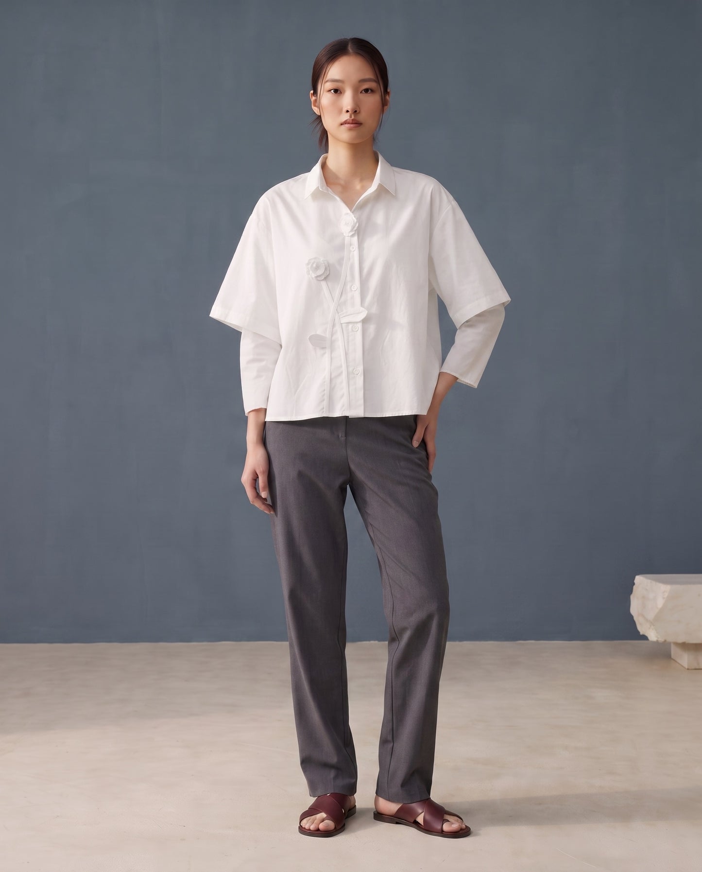 White Rosette Appliqué Boxy Shirt