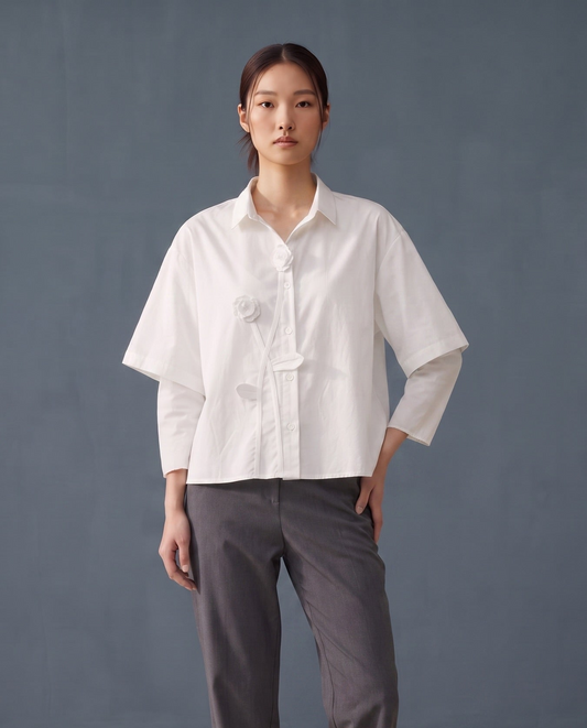 White Rosette Appliqué Boxy Shirt