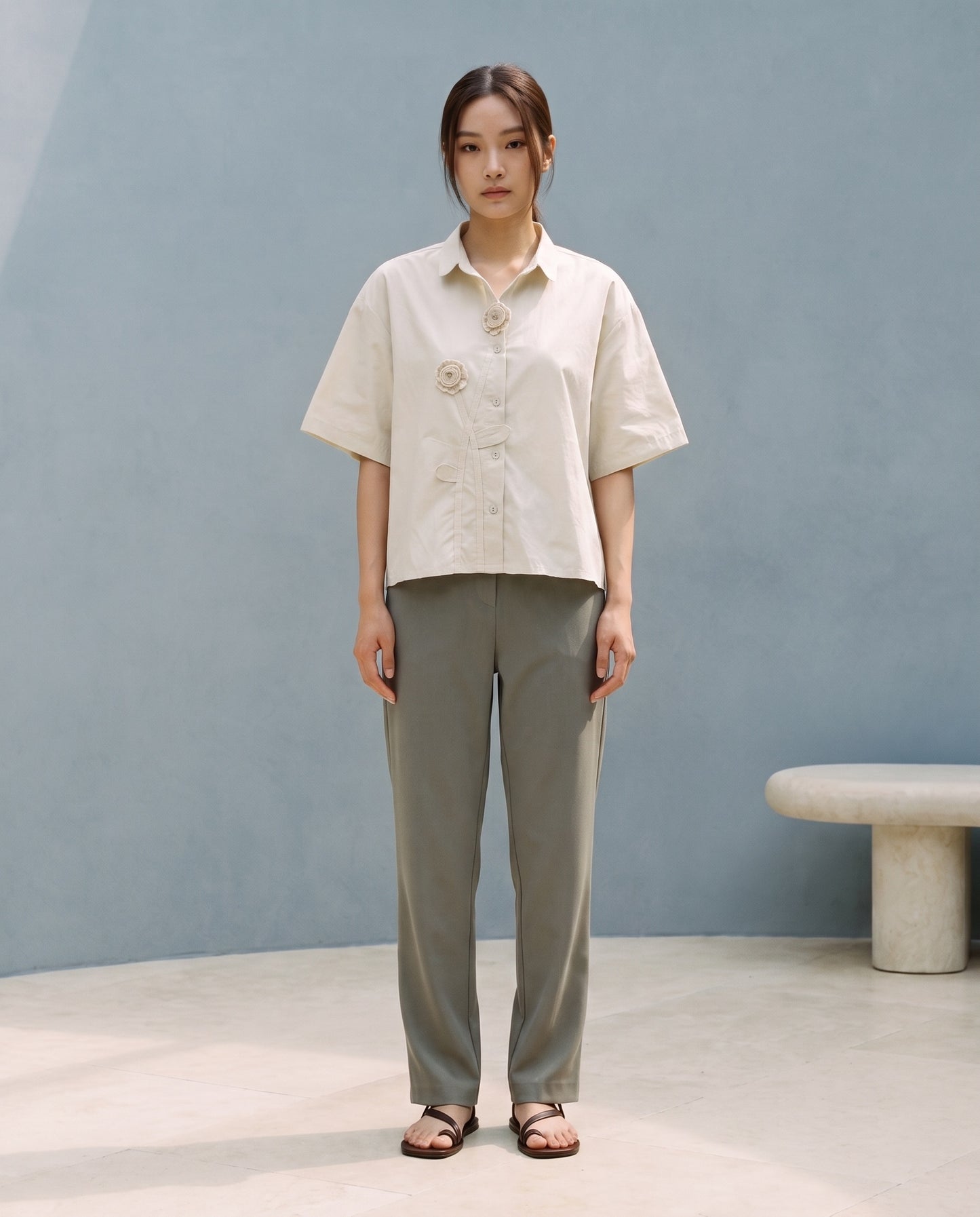 Warm Sand Rosette Appliqué Boxy Shirt