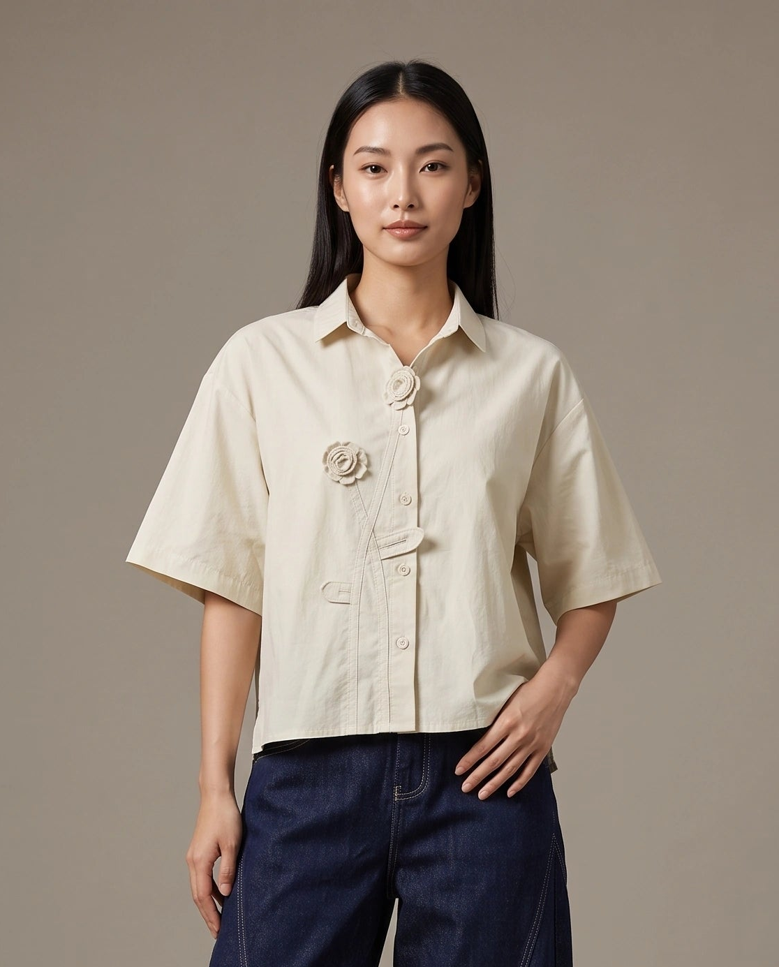 Warm Sand Rosette Appliqué Boxy Shirt