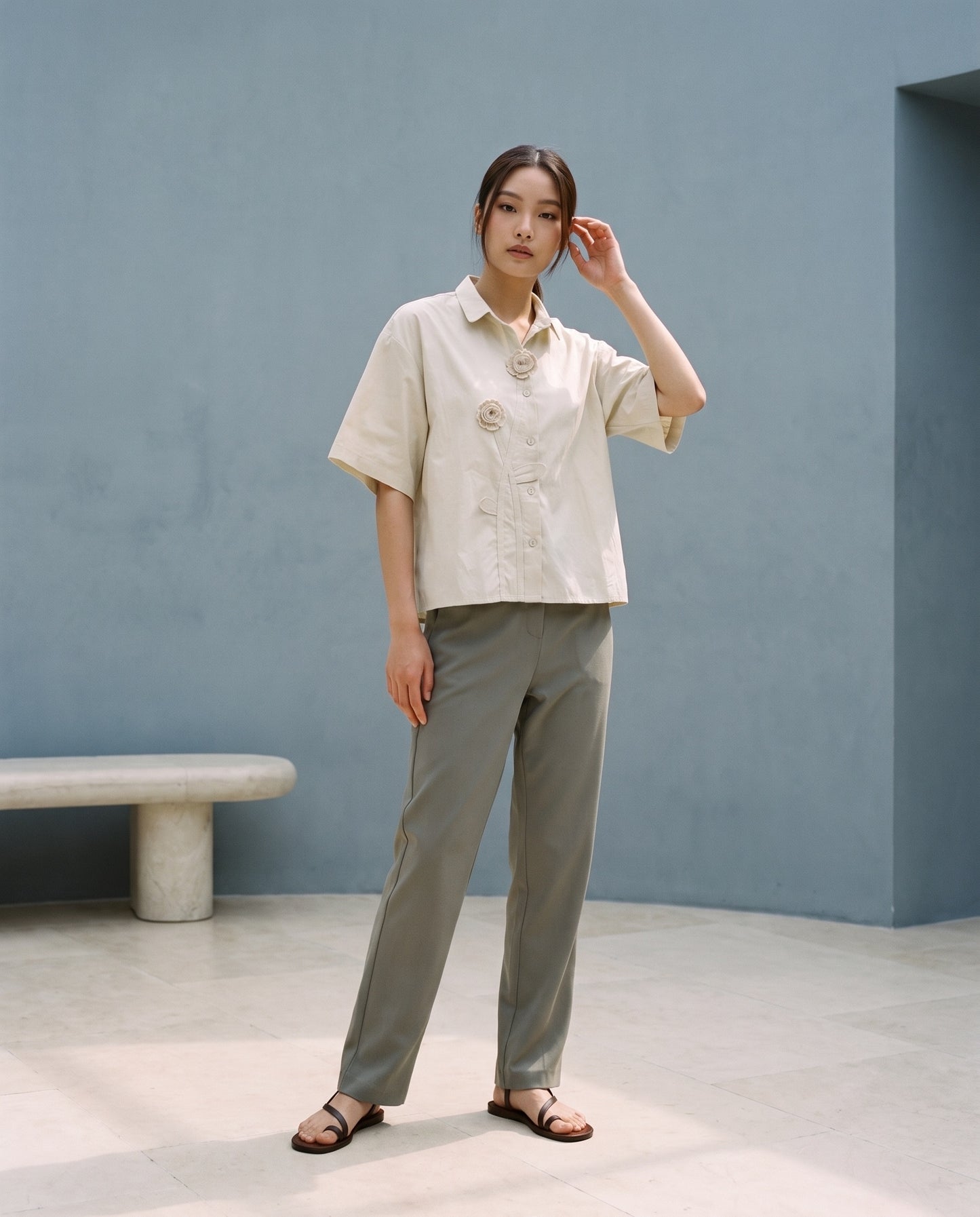 Warm Sand Rosette Appliqué Boxy Shirt