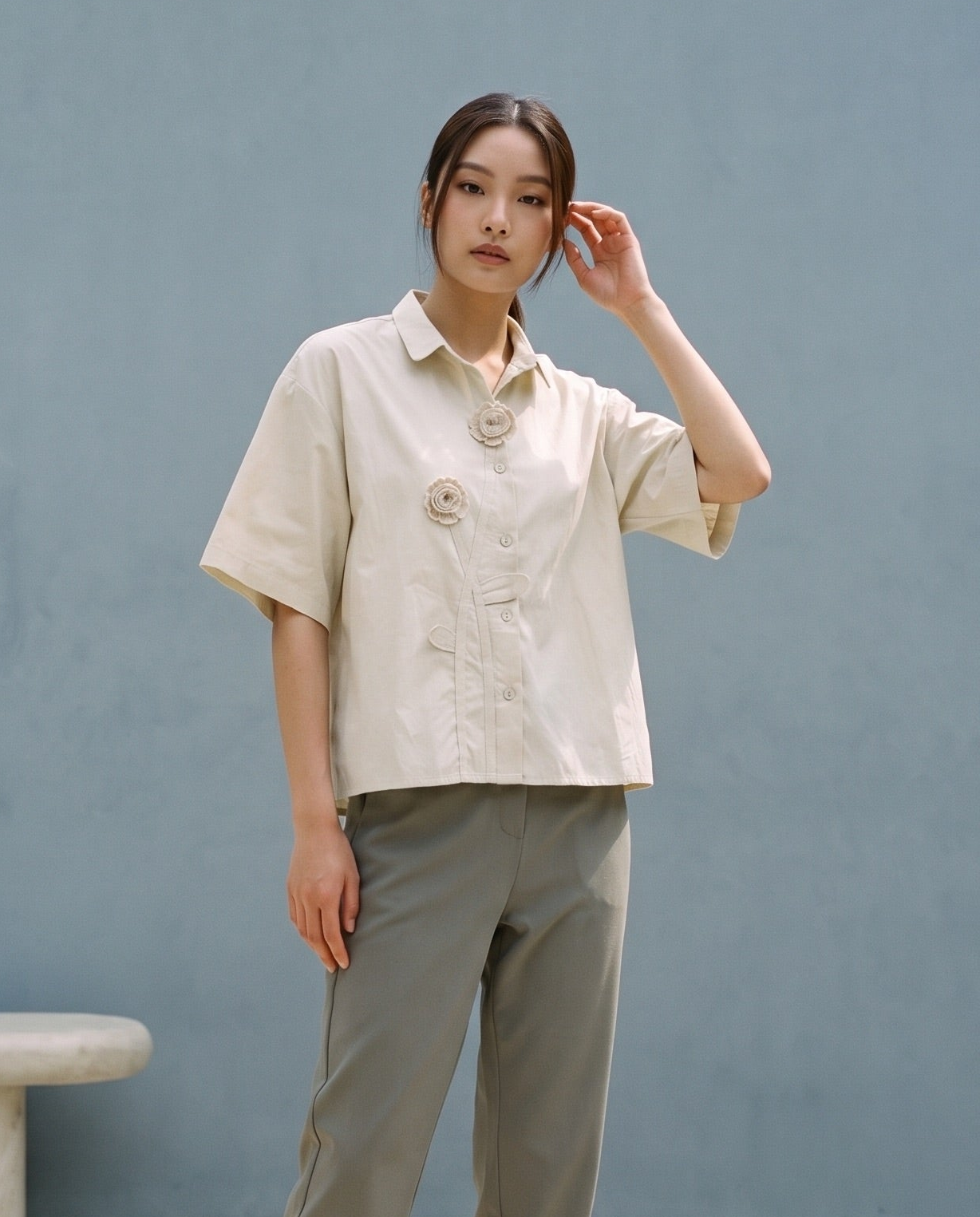 Warm Sand Rosette Appliqué Boxy Shirt
