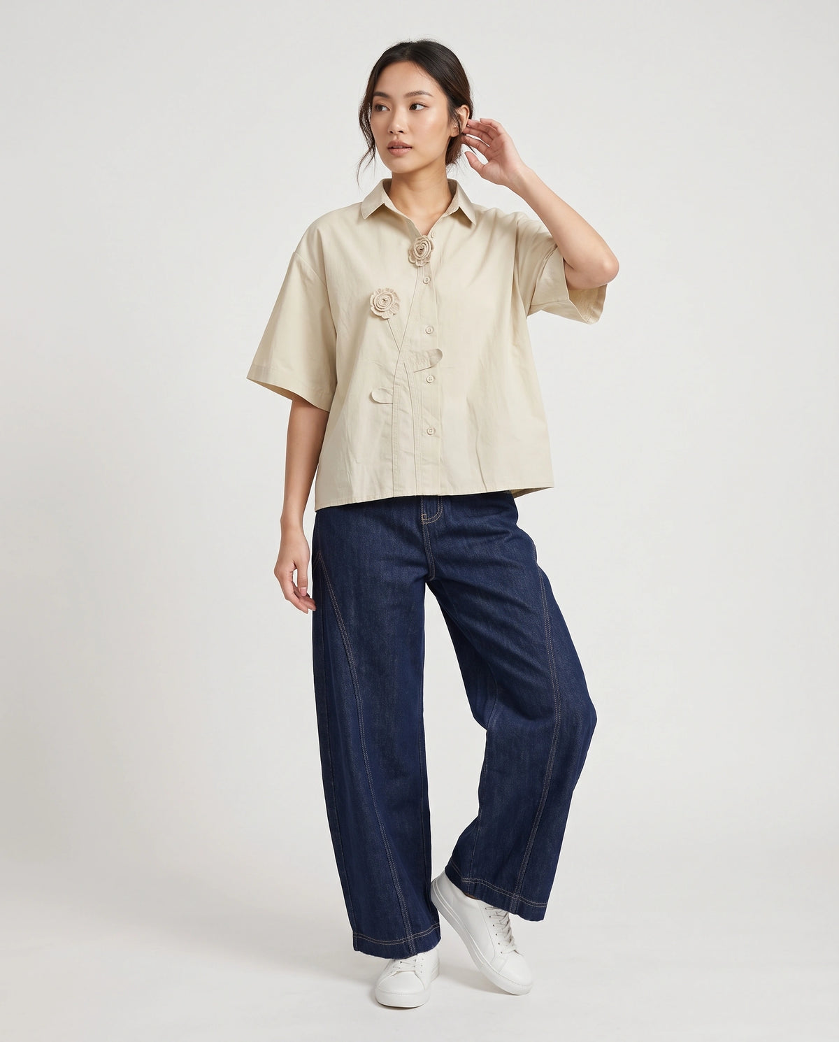 Warm Sand Rosette Appliqué Boxy Shirt