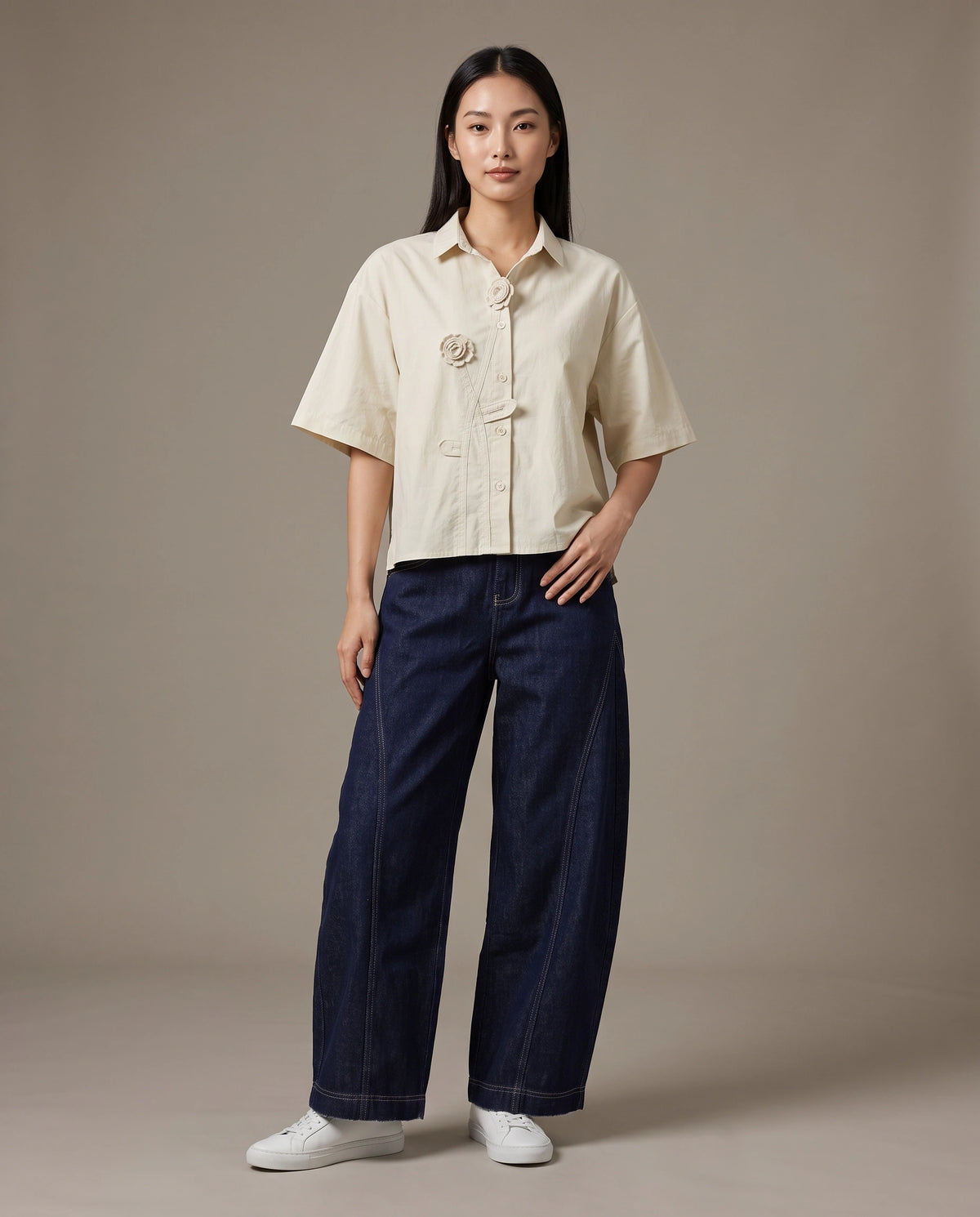 Warm Sand Rosette Appliqué Boxy Shirt